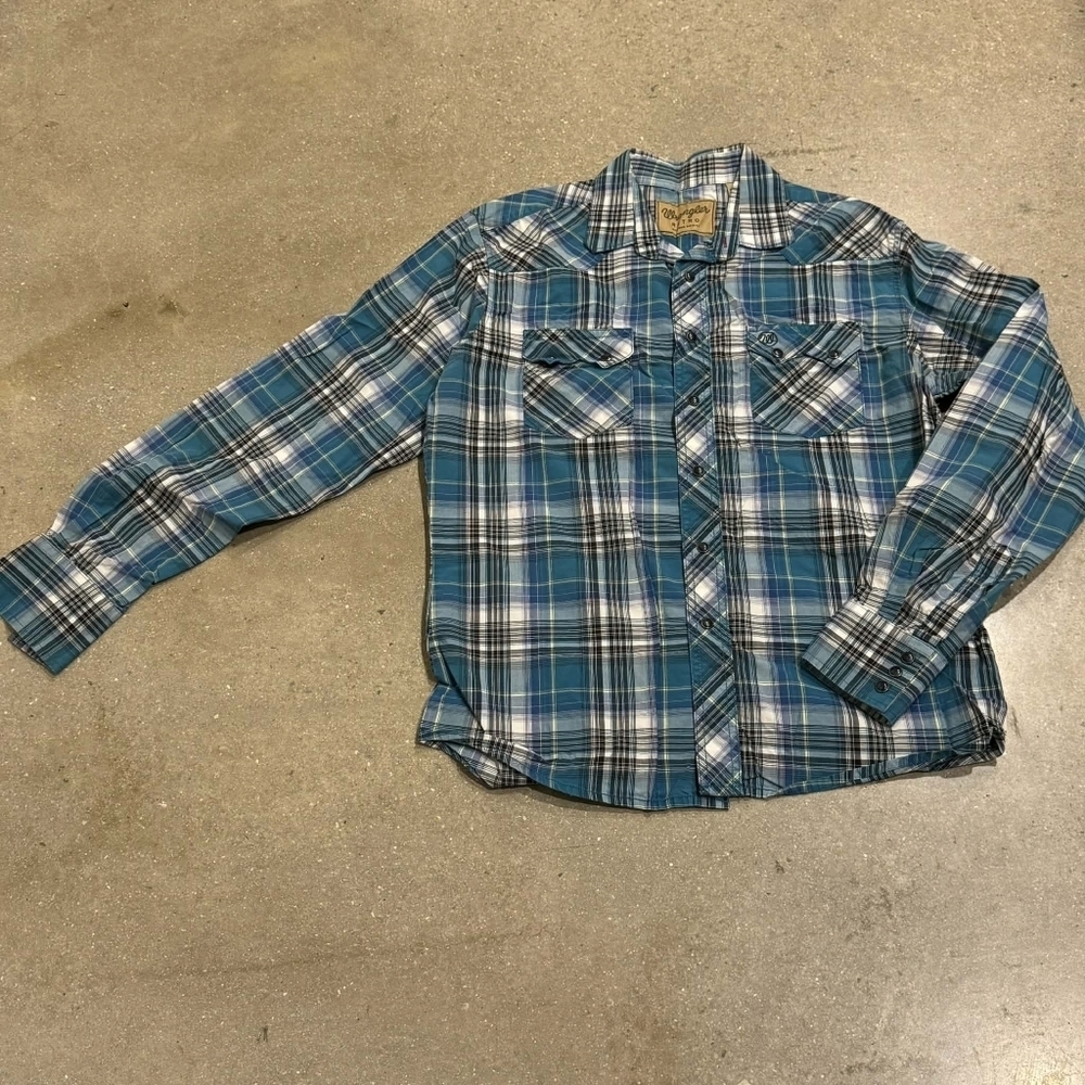 Wrangler Retro Western Plaid Long Sleeve Snap Front Shirt Men's Medium M Teal